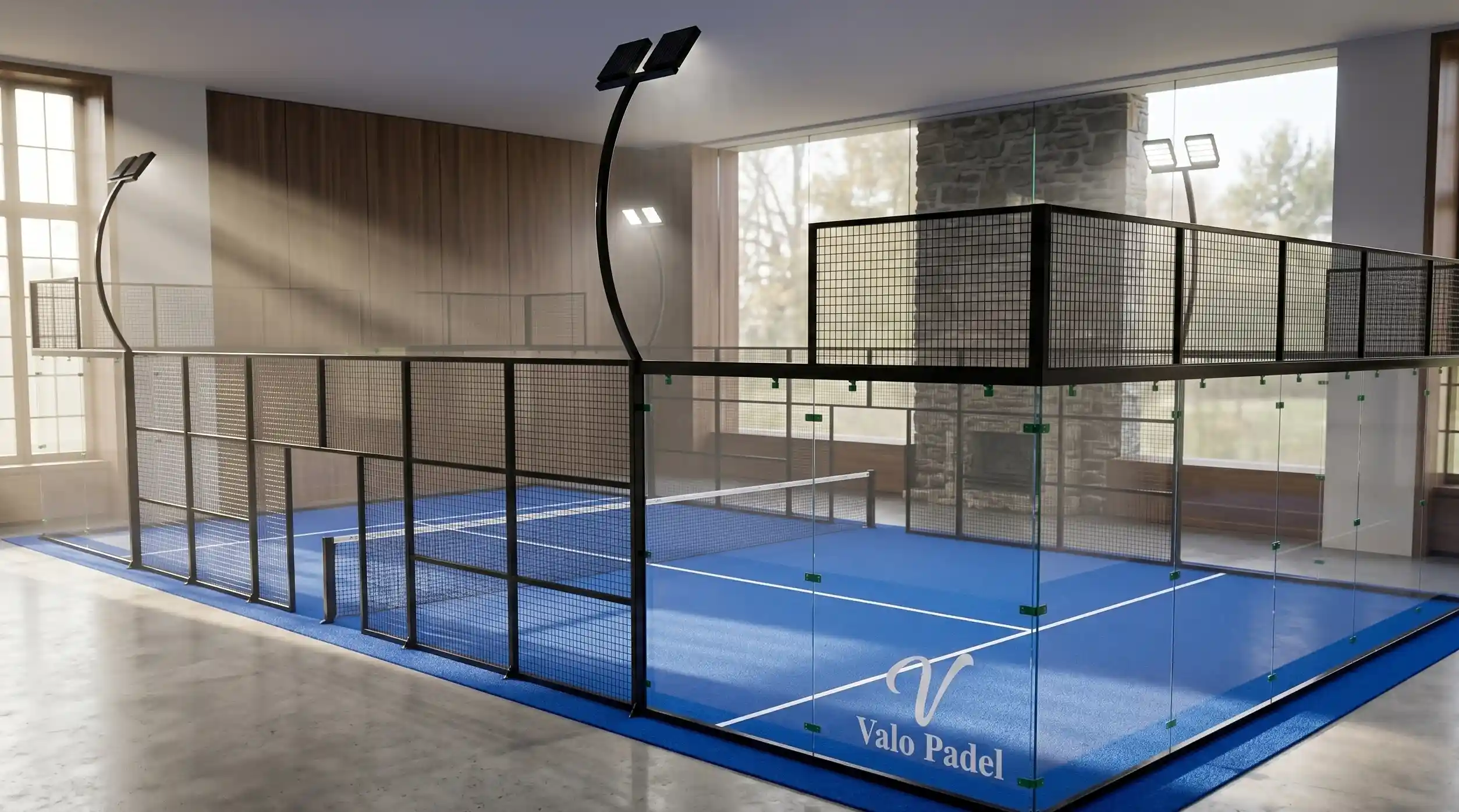 Infinite View no-corner-post padel court in a sunlit indoor club