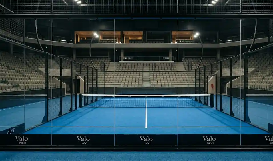 Signature Panoramic padel court viewed across an indoor stadium arena