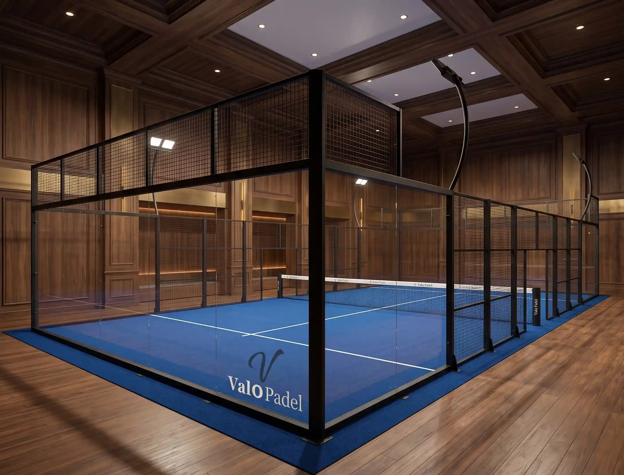 The Signature Panoramic padel court integrated into a luxury wooden interior club