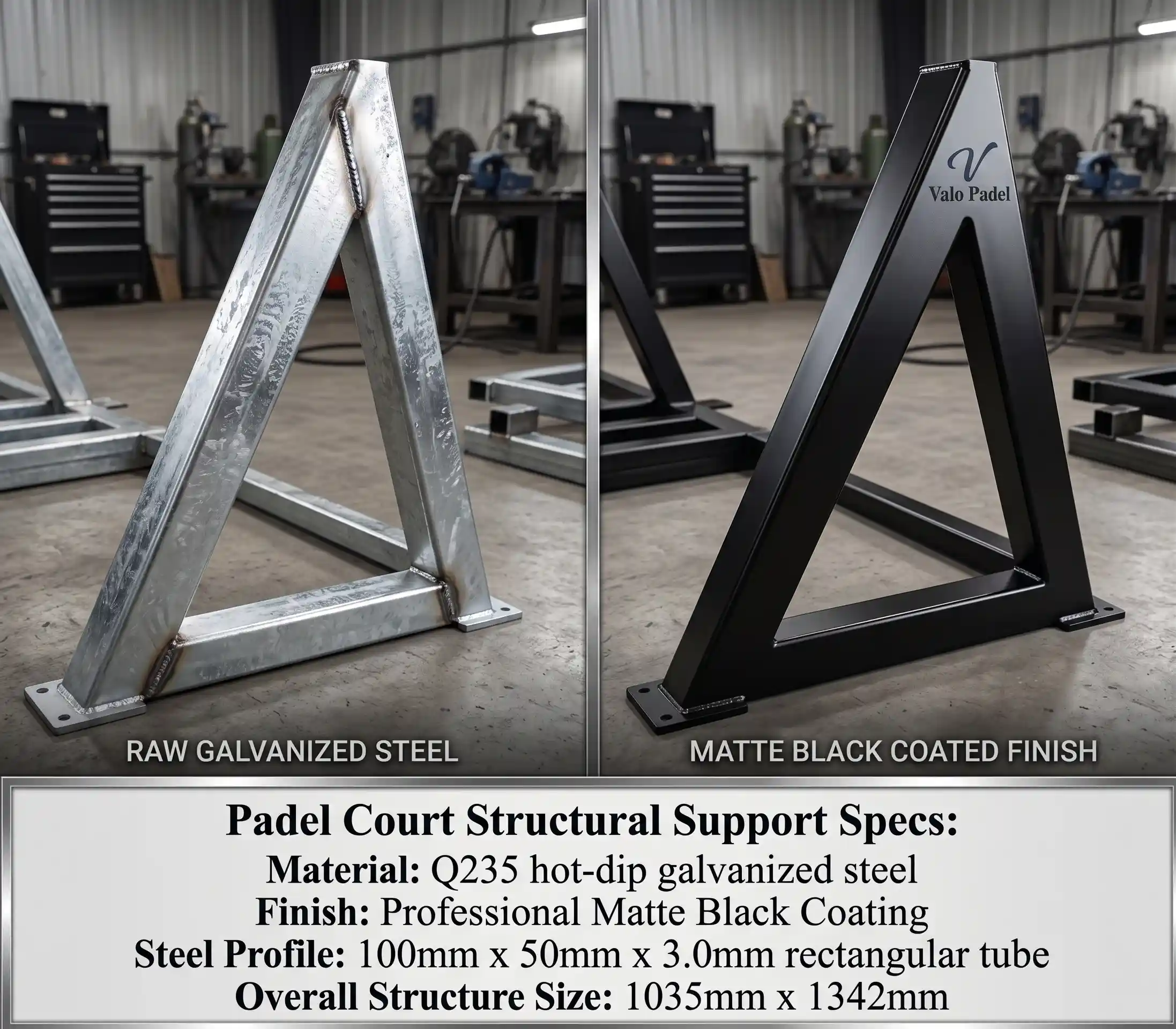 Valo Padel Q235 steel structure specifications comparing raw galvanized steel to professional matte black coating
